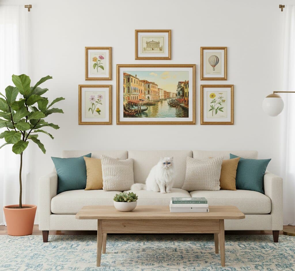 Black and Gold Frame symmetrical seven piece gallery wall above beige linen sofa with white Persian cat featuring large romantic Venice canal oil painting centerpiece with colorful architecture gondolas and sunset surrounded by vintage botanical yellow pink flower illustrations classical architectural etching and hot air balloon print creating cohesive travel inspired display with teal and golden pillows demonstrating museum-quality ornate gold finish with elegant 1.125 inch moulding and refined black accent detailing for symmetrical botanical art and European travel painting arrangements