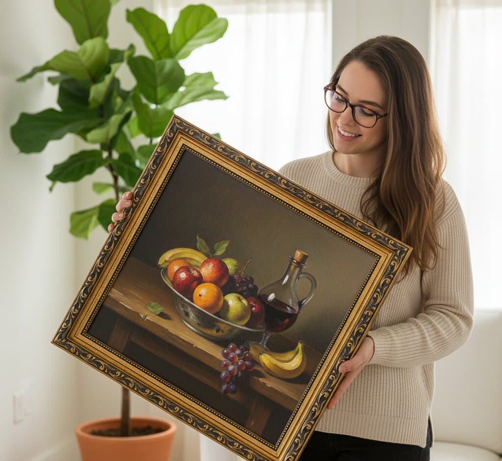 Woman presenting Black and Gold Frame displaying classical still life oil painting featuring ornate fruit arrangement with yellow bananas red apples green pears purple grapes in decorative ceramic bowl on rich mahogany table with dramatic chiaroscuro lighting demonstrating exquisite ornate gold finish with museum-quality 1.125 inch moulding and elegant black decorative scrollwork channel ideal for classical still life paintings traditional fruit art and formal compositional artwork framing