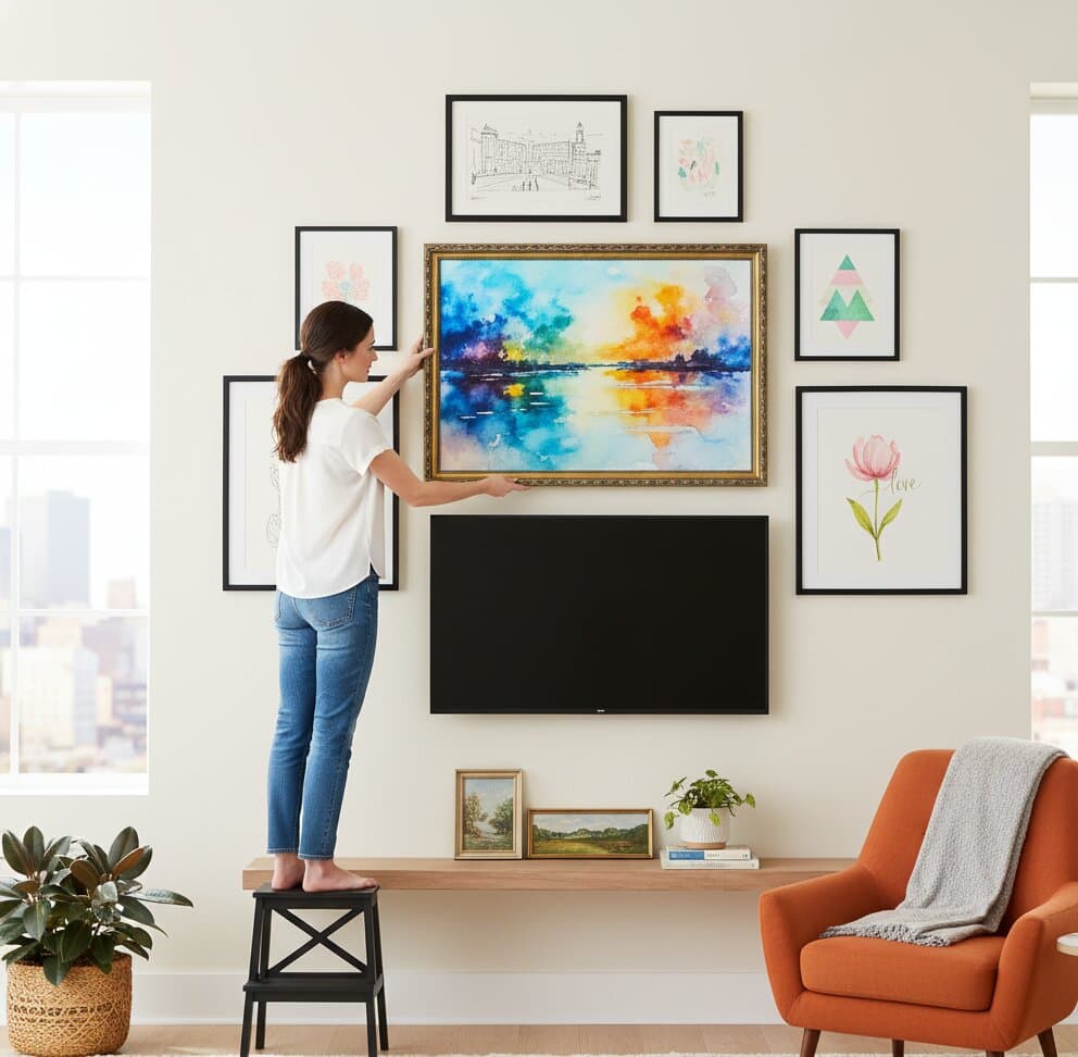 Woman arranging comprehensive mixed finish TV gallery wall featuring Black and Gold Frame ornate gold custom frame displaying large vibrant watercolor sunset lake landscape painting centerpiece with orange yellow pink purple sky reflecting over water and silhouetted treeline surrounded by modern black picture frames with architectural etchings geometric prints and botanical watercolors demonstrating how museum-quality ornate gold finish with 1.125 inch moulding and classical black accent detailing coordinates beautifully with contemporary black frames for eclectic mixed finish gallery wall arrangements