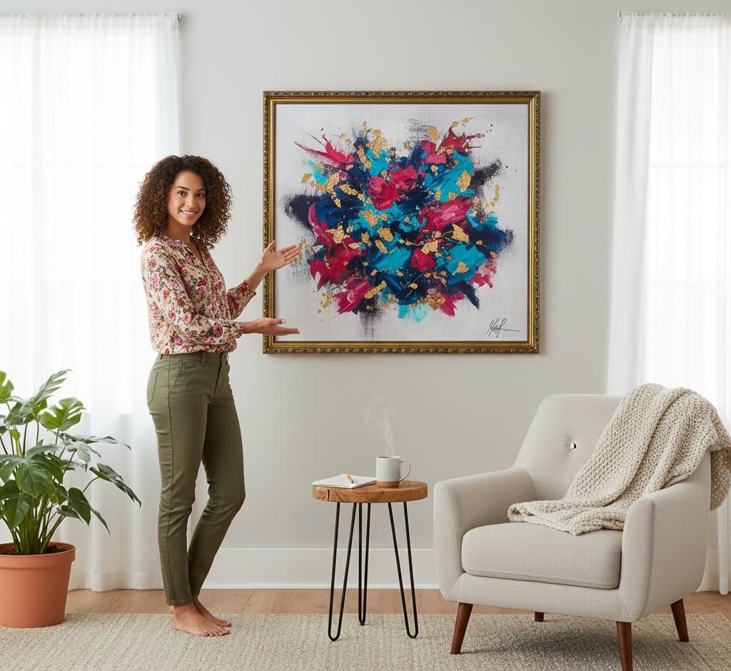 Woman presenting large Black and Gold Frame displaying bold abstract expressionist painting with explosive magenta pink turquoise blue navy palette dramatic gold leaf accents gestural brushstrokes and dynamic composition in contemporary living room with beige chair and potted plants demonstrating museum-quality ornate gold finish with classical 1.125 inch moulding and intricate black decorative scrollwork ideal for contemporary abstract art modern expressionism and gold leaf accent artwork framing