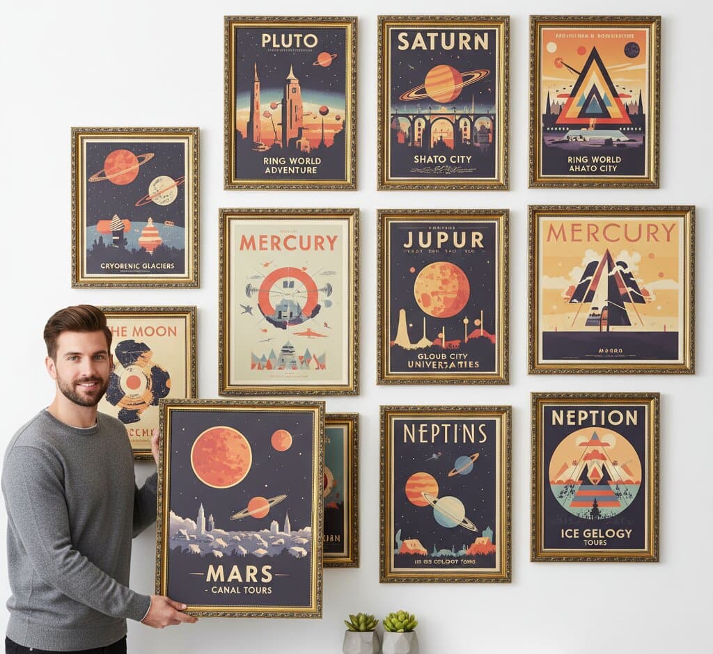 Professional presenting comprehensive Black and Gold Frame vintage space travel poster gallery wall featuring large Mars Canal Tours centerpiece with red planet spacecraft and futuristic cityscape surrounded by Pluto Ring World Saturn Shato City Mercury Jupur and Neption planetary tourism posters creating complete retro astronomy collection demonstrating museum-quality ornate gold finish with elegant 1.125 inch moulding and refined black accent detailing for vintage space age poster and mid century planetary travel artwork displays