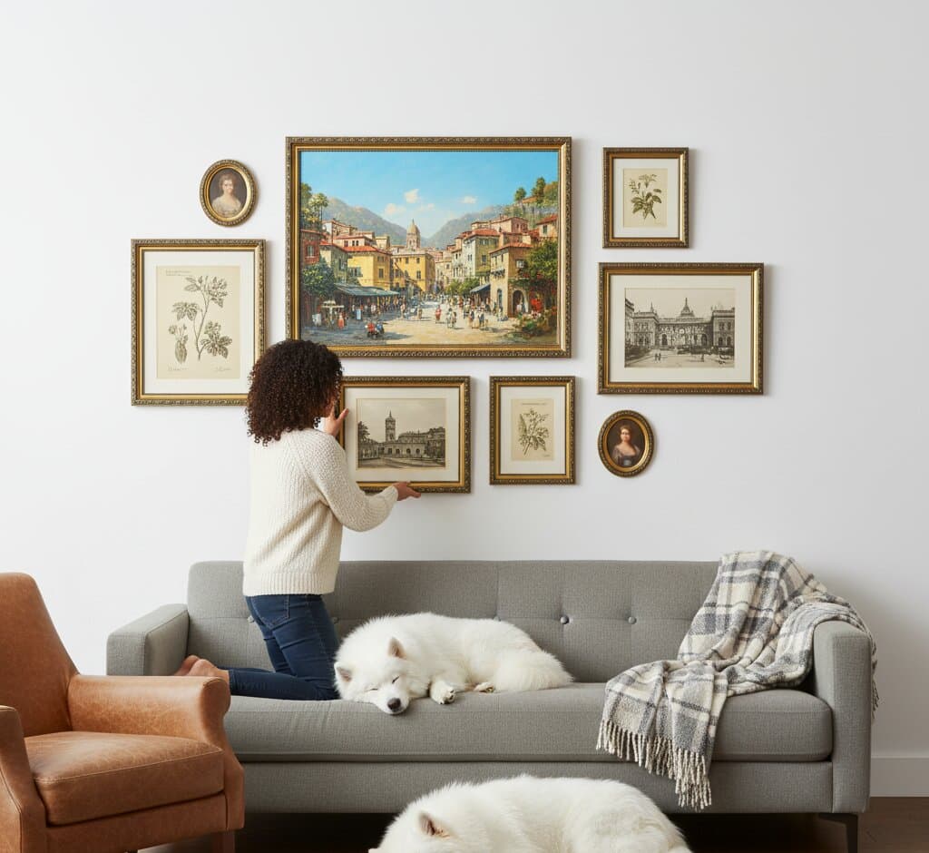 Woman kneeling on gray sofa arranging comprehensive mixed shape Black and Gold Frame gallery wall above sleeping white Samoyed dog featuring large Mediterranean coastal village oil painting centerpiece with colorful yellow pink terracotta architecture surrounded by oval portrait miniatures vintage botanical flower illustrations classical architectural etchings creating sophisticated European travel display demonstrating versatility of museum-quality ornate gold finish with 1.125 inch moulding and elegant black decorative scrollwork for mixed frame shape arrangements