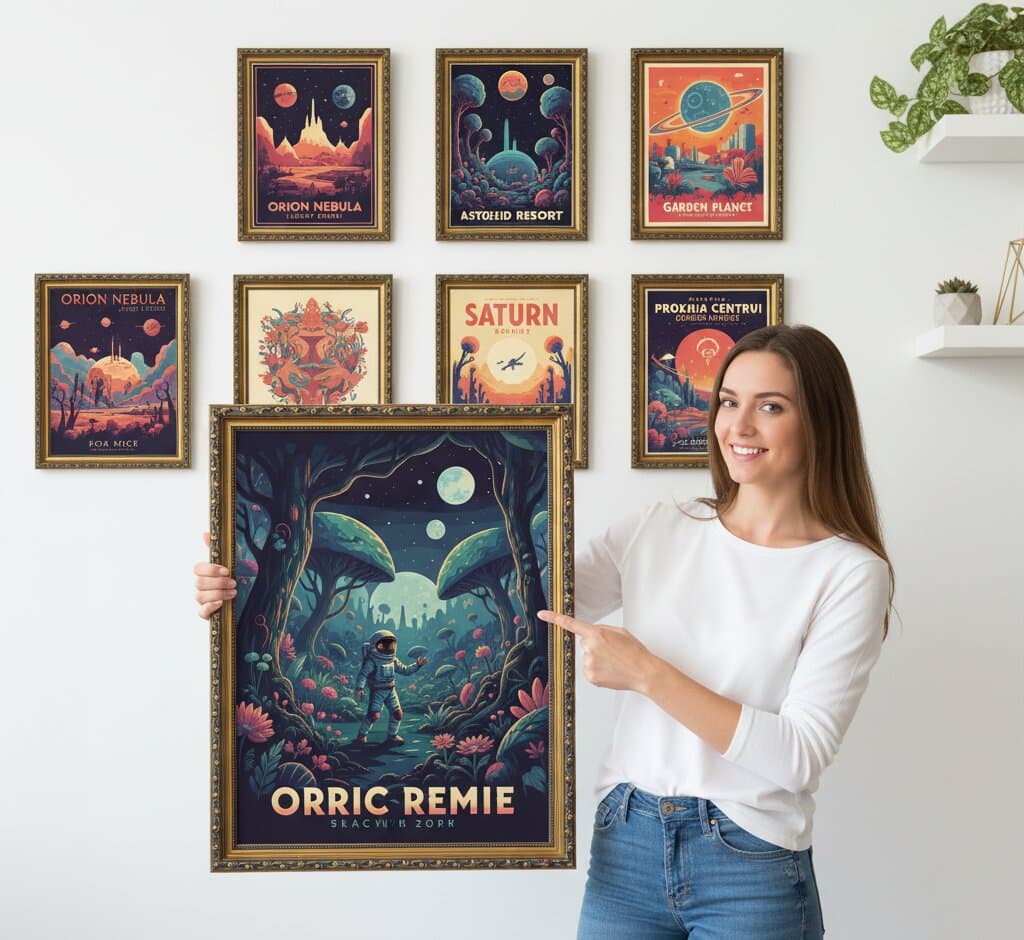 Woman presenting comprehensive Black and Gold Frame vintage space exploration poster gallery wall featuring large Orric Remie centerpiece with astronaut standing on alien planet with glowing moons purple botanical flora surrounded by Orion Nebula Asteroid Resort Garden Planet Saturn and Proxima Centauri retro space travel posters with floating shelves demonstrating museum-quality ornate gold finish with classical 1.125 inch moulding and intricate black accent detailing for complete vintage space age and planetary tourism poster collections