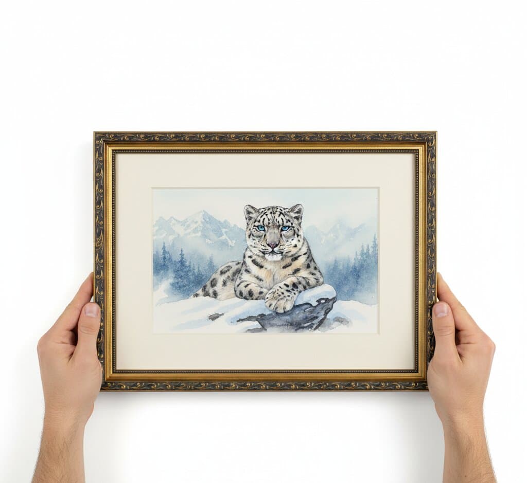 Hands holding Black and Gold Frame displaying elegant snow leopard watercolor painting with majestic big cat resting on snowy rock outcrop against misty mountain backdrop with evergreen trees and soft blue atmospheric perspective with white matting demonstrating exquisite ornate gold finish with museum-quality 1.125 inch moulding and refined black decorative scrollwork channel for wildlife watercolor endangered species art and nature conservation artwork framing