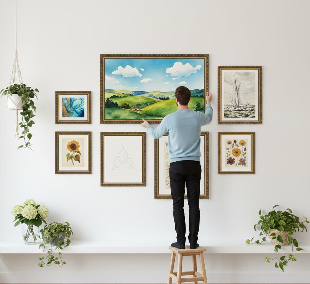 Man standing on wooden stool arranging comprehensive Black and Gold Frame gallery wall featuring large vibrant English countryside landscape oil painting centerpiece with rolling green hills blue sky white clouds surrounded by mixed size frames with blue butterfly illustration vintage sailboat sepia photography sunflower botanical print geometric triangles and pressed wildflower specimens with hanging plants demonstrating museum-quality ornate gold finish with elegant 1.125 inch moulding and classical black accent detailing for pastoral landscape and mixed media nature art collections
