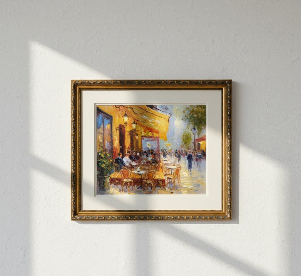 Black and Gold Frame displaying atmospheric impressionist Parisian café scene oil painting with golden yellow bistro awning outdoor dining with wicker chairs bustling pedestrians gas street lamps and romantic evening atmosphere with white matting on neutral wall with dramatic window light shadows demonstrating exquisite ornate gold finish with museum-quality 1.125 inch moulding and elegant black decorative scrollwork for impressionist Parisian art French café culture and European street scene artwork framing