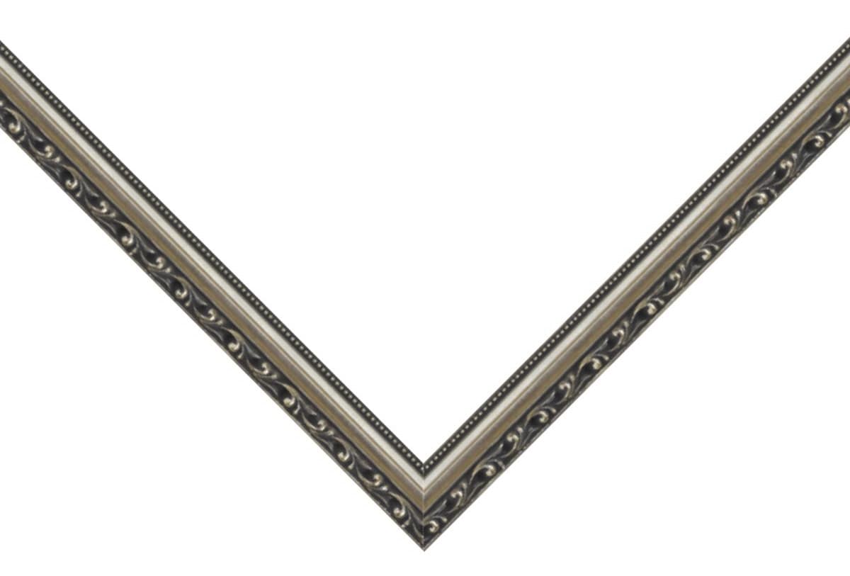 Ornate Silver Frame corner detail showing ornate silver profile with antique decorative scrollwork channel in elegant 1.125 inch design