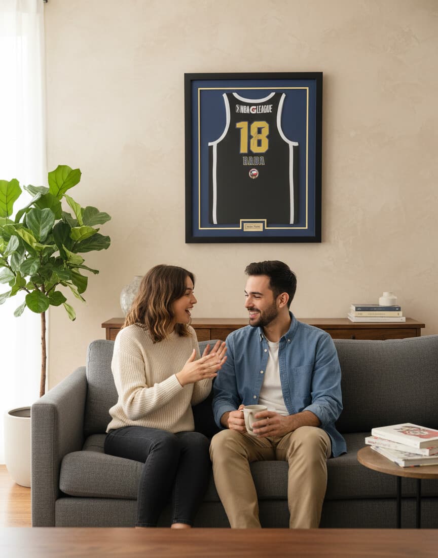 Custom shadow box frame displaying a sports jersey
