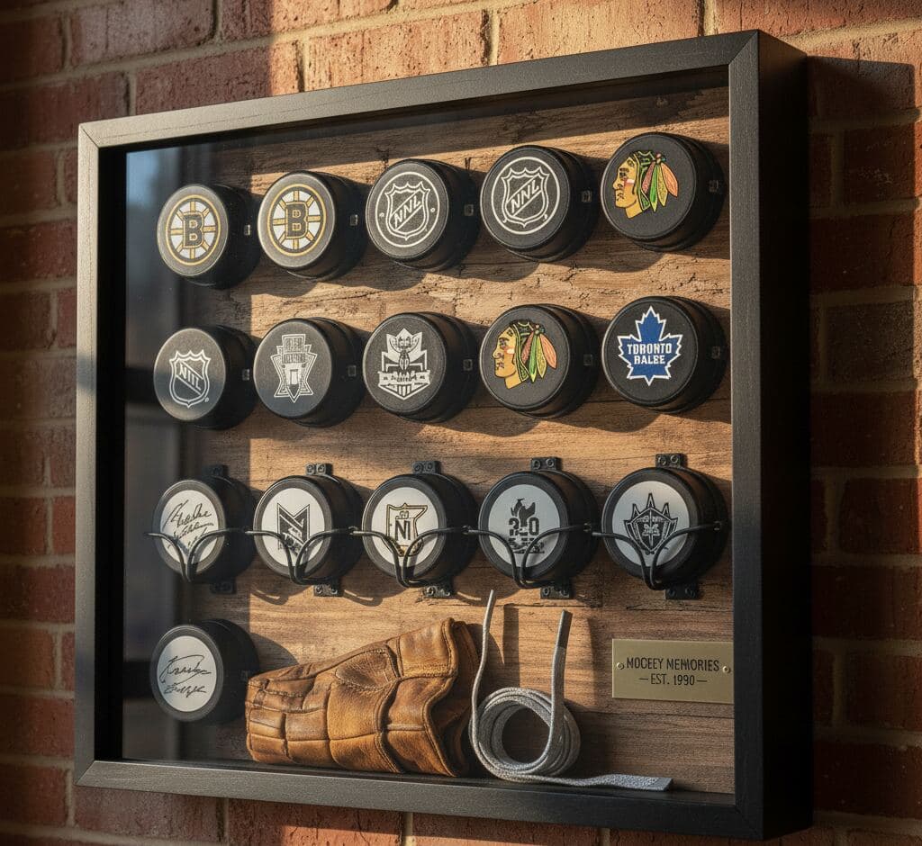 Deep black shadowbox picture frame with rustic wood backing displaying comprehensive NHL hockey puck collection including team logos championship commemoratives and signed game pucks mounted on acrylic standoffs using 2 inch depth capacity ideal for hockey memorabilia framing and collector shadowbox displays