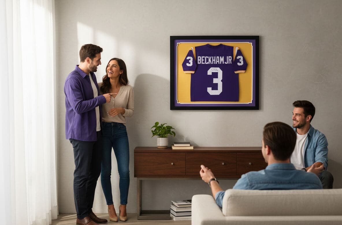 Matte black jersey shadowbox frame with purple and gold team color triple matting displaying LSU Tigers Odell Beckham Jr number 3 college football jersey in modern living room demonstrating professional NCAA jersey framing using 1 inch moulding and 2 inch depth for authentic sports memorabilia picture frames