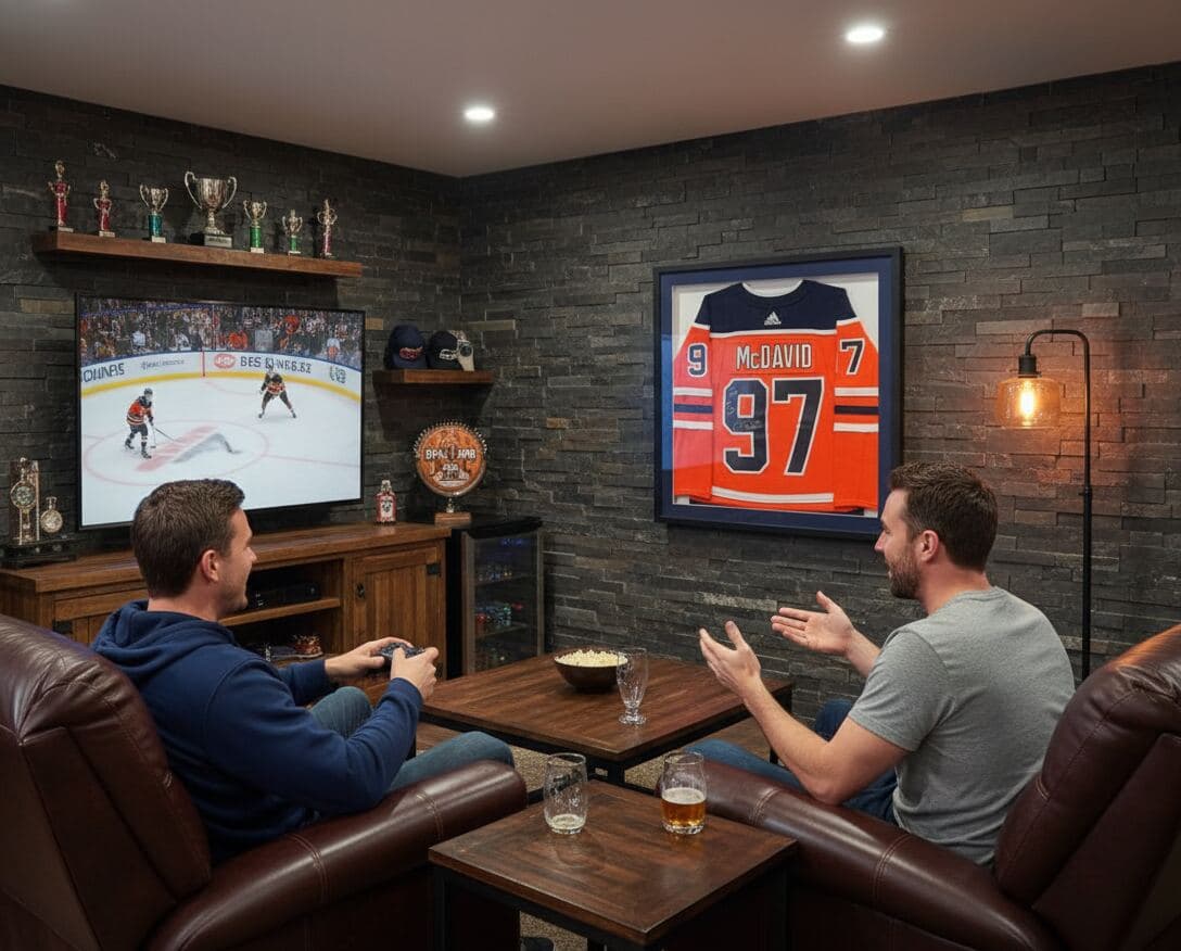Extra deep black shadowbox picture frame with blue and white team color matting showcasing Edmonton Oilers Connor McDavid number 97 NHL hockey jersey in contemporary man cave setting demonstrating professional hockey jersey framing using 2 inch depth capacity for autographed sports memorabilia shadowbox displays