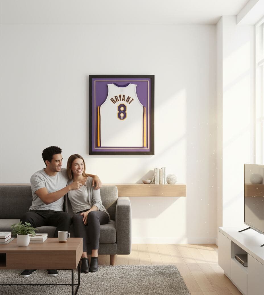 Deep matte black jersey frame with purple yellow and white triple matting displaying Los Angeles Lakers Kobe Bryant number 8 white basketball jersey in minimalist living room demonstrating museum-quality NBA jersey framing using acid-free conservation matting and 2 inch depth for investment-grade sports memorabilia picture frames