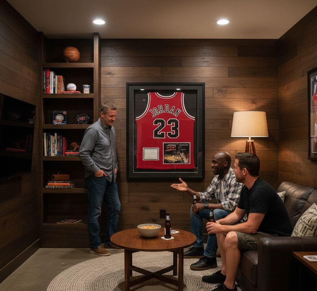 Extra deep black shadowbox frame with red team color matting and protective acrylic displaying Chicago Bulls Michael Jordan number 23 iconic jersey with trading cards and game photos in luxury sports den demonstrating professional basketball jersey framing using 1 inch moulding and 2 inch depth capacity for multi-element sports memorabilia shadowbox picture frames