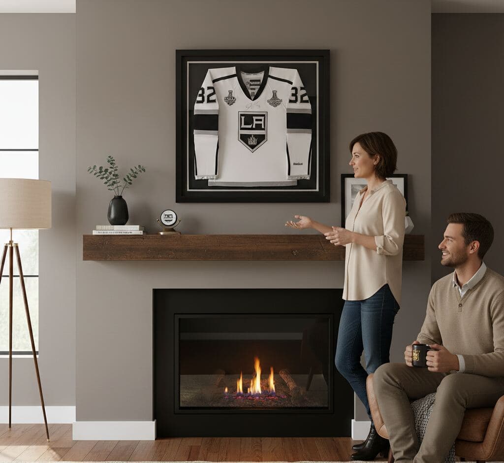 Matte black jersey shadowbox picture frame with silver and black team color triple matting showcasing Los Angeles Kings Jonathan Quick number 32 white NHL jersey displayed above fireplace mantel in contemporary living room demonstrating professional hockey jersey framing using 2 inch depth for oversized sports memorabilia displays