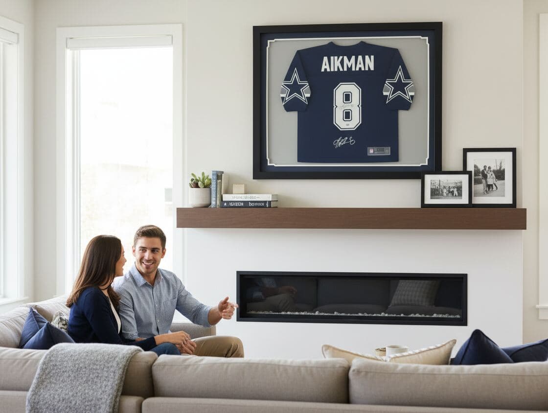 Deep black shadowbox frame with navy and white team color matting displaying Dallas Cowboys Troy Aikman number 8 autographed NFL jersey in bright modern living room demonstrating professional football jersey framing using acid-free conservation matting and 2 inch depth capacity for signed sports memorabilia picture frames