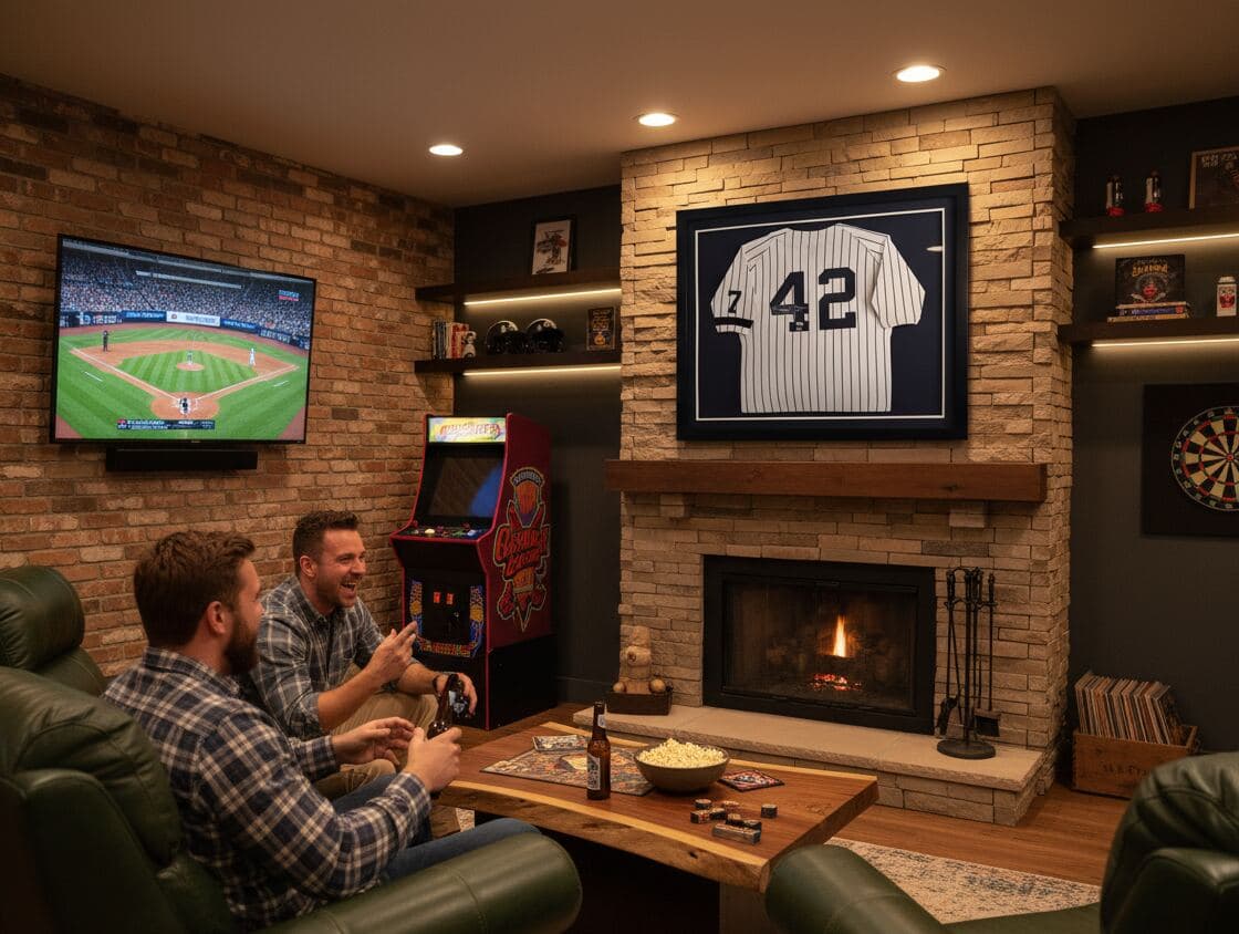 Extra deep matte black jersey frame with navy pinstripe team color matting showcasing New York Yankees Jackie Robinson number 42 retired jersey in rustic brick wall man cave with LED accent lighting demonstrating professional baseball jersey framing using 1 inch bold moulding and 2 inch depth for heritage sports memorabilia shadowbox displays
