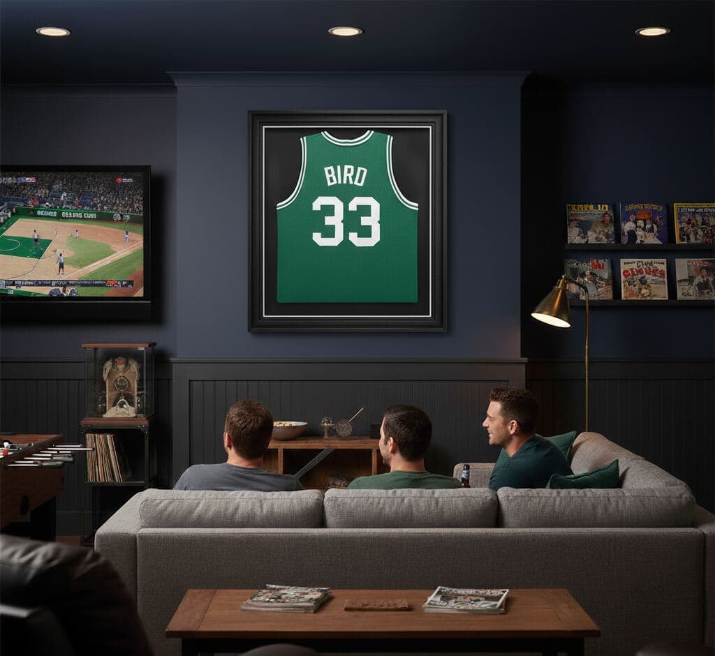 Deep black shadowbox picture frame with green and white team color triple matting displaying Boston Celtics Larry Bird number 33 iconic NBA basketball jersey in sophisticated dark wall entertainment room demonstrating museum-quality jersey framing using conservation-grade materials and 2 inch depth capacity for investment sports memorabilia picture frames
