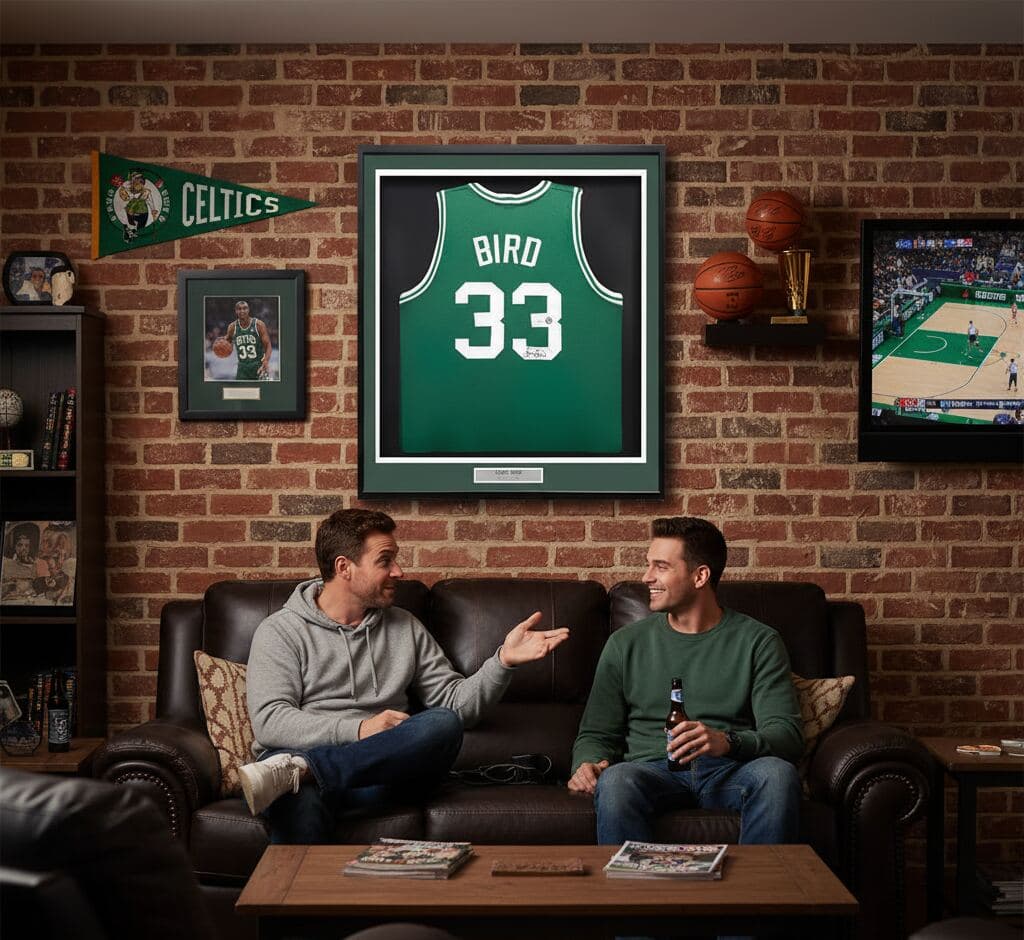 Matte black jersey shadowbox frame with green team color matting and commemorative nameplate showcasing Boston Celtics Larry Bird number 33 basketball jersey displayed on exposed brick wall with vintage sports photographs demonstrating professional NBA jersey framing using 2 inch depth for complete sports memorabilia collections and man cave picture frames