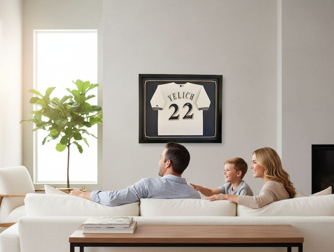 Extra deep black shadowbox picture frame with navy blue team color matting displaying Milwaukee Brewers Christian Yelich number 22 baseball jersey in bright contemporary family room demonstrating professional MLB jersey framing using acid-free conservation matting and 2 inch depth capacity for autographed sports memorabilia shadowbox frames