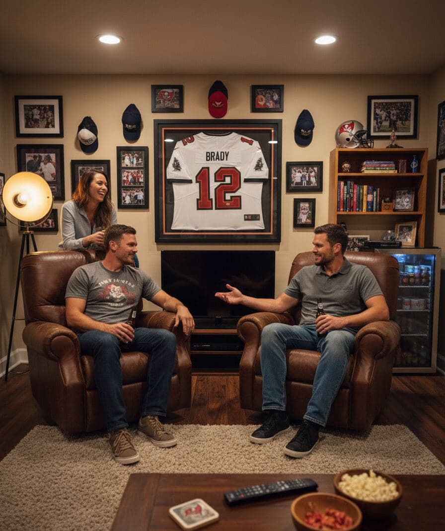 Deep matte black jersey frame with red and pewter team color triple matting showcasing Tampa Bay Buccaneers Tom Brady number 12 Super Bowl championship jersey displayed in sports room gallery wall with helmet collection and framed photographs demonstrating professional football jersey framing using 1 inch bold moulding and 2 inch depth for comprehensive NFL memorabilia shadowbox picture frames