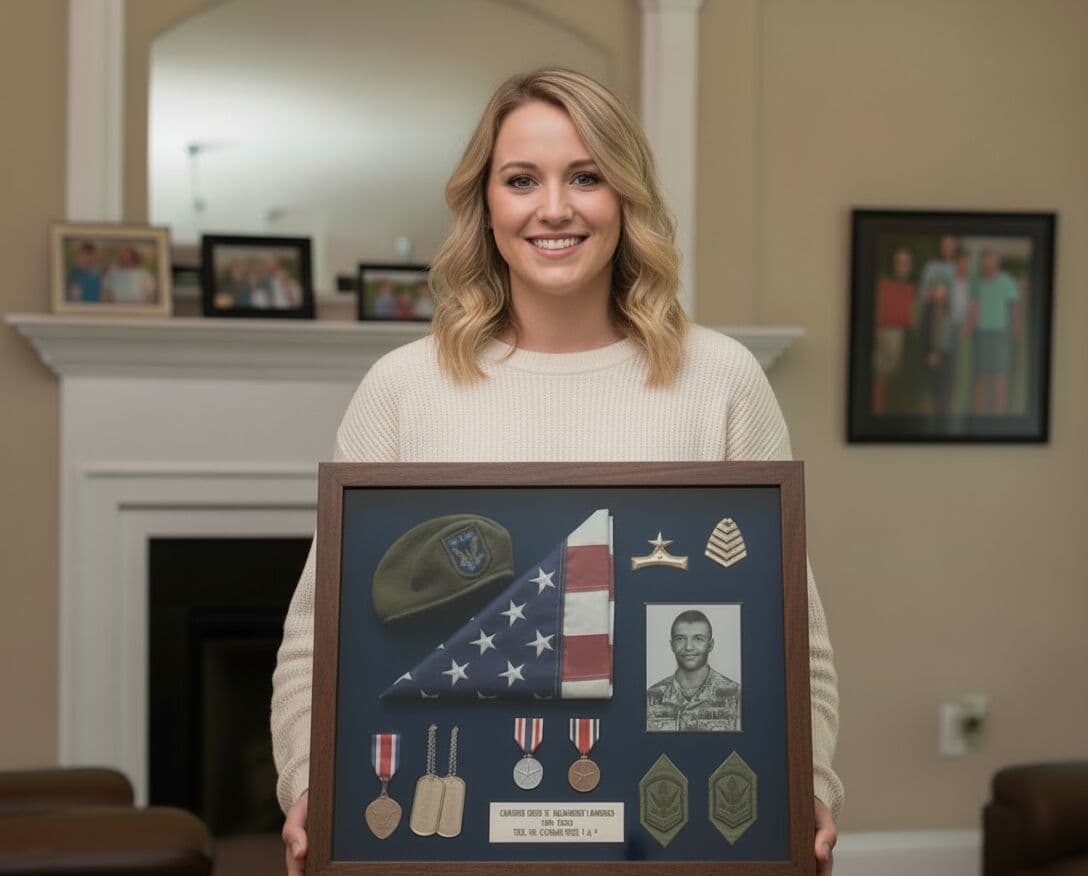 Woman holding military service shadowbox with folded flag, medals, and beret in walnut frame for tribute display