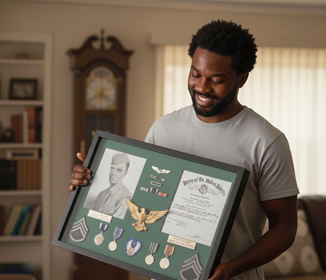 Man admiring historical military shadowbox with eagle emblem, certificates, and medals in walnut frame display