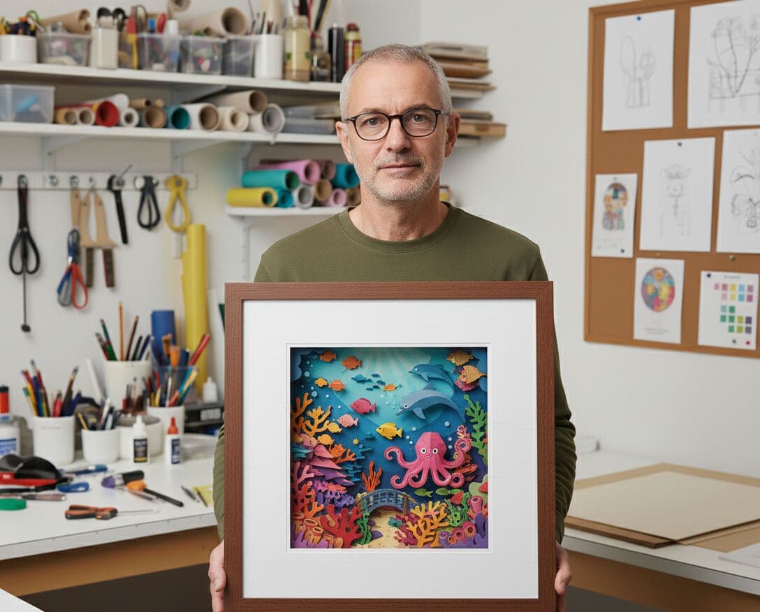Artist holding layered paper cut underwater ocean scene with colorful sea life in walnut shadowbox frame