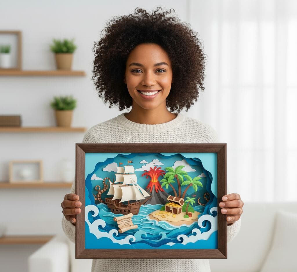 Woman displaying layered paper art pirate ship treasure island scene in walnut shadowbox frame with matting