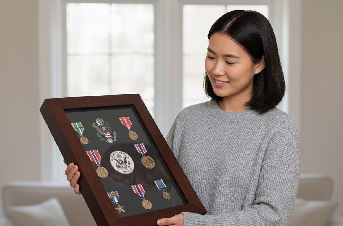 Woman admiring military valor medals with service emblems displayed in walnut shadowbox frame collection