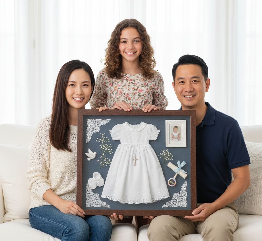 Family holding baptism dress keepsake shadowbox with christening gown and photo in walnut frame display