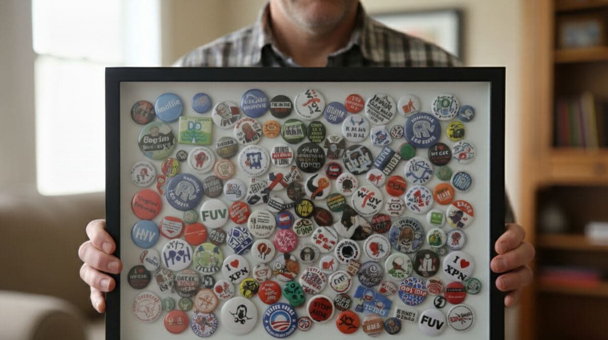 Man displaying vintage political button collection in walnut shadowbox frame for memorabilia preservation