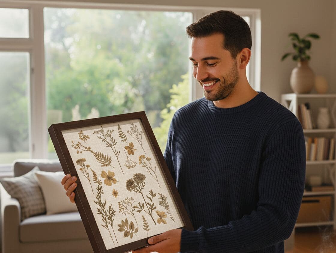 Man admiring pressed botanical flower specimens preserved in walnut shadowbox frame for nature display