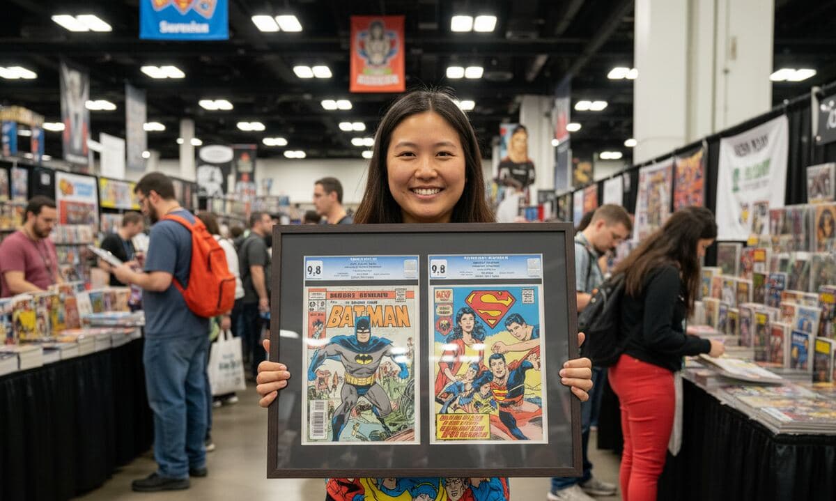 Woman at comic convention displaying CGC graded Batman Superman comics in walnut shadowbox frame