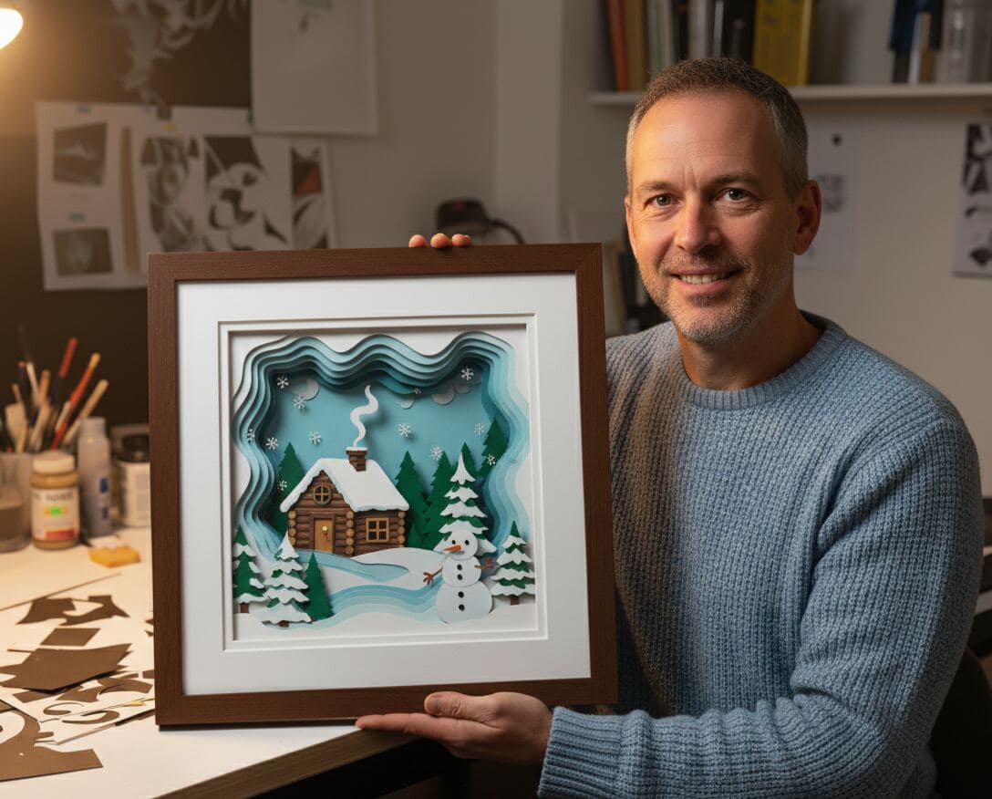 Artist holding layered paper cut winter cabin snow scene in walnut shadowbox frame with white matting