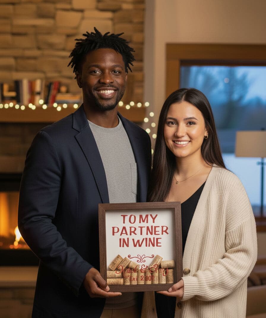 Couple holding wine cork collection shadowbox with To My Partner in Wine message in walnut frame
