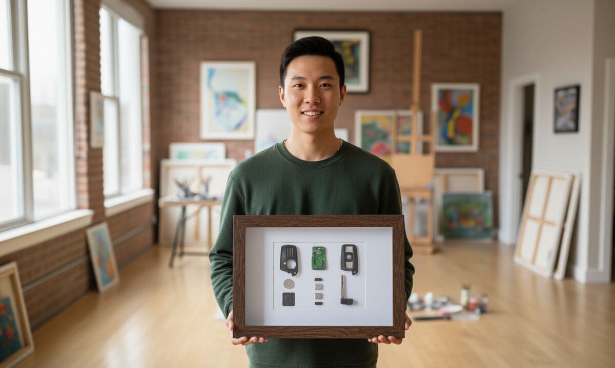 Man in studio displaying vintage tech gadget collection in walnut shadowbox frame for technology memorabilia