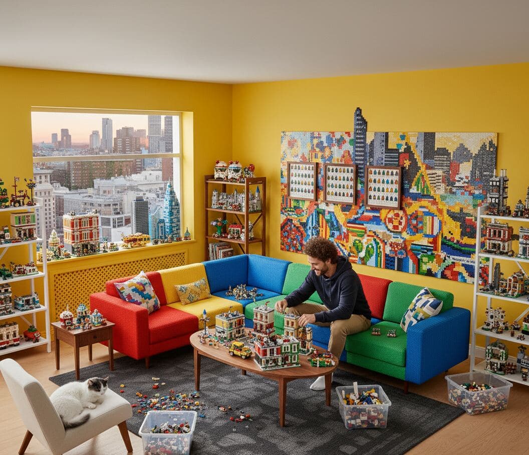 Colorful LEGO cityscape collection room with building sets and walnut framed displays for hobby enthusiasts