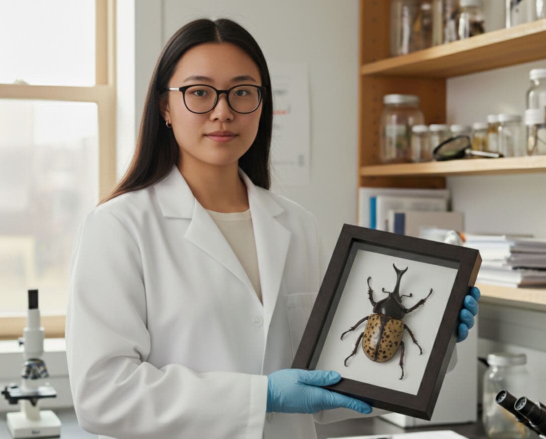 Lab scientist displaying mounted beetle insect specimen in walnut shadowbox frame for entomology collection
