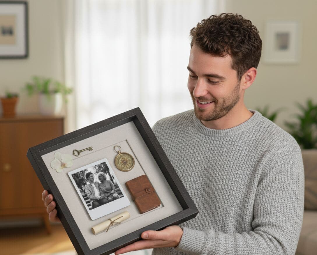 Man holding vintage memory shadowbox with photo compass keys and leather wallet in walnut frame display