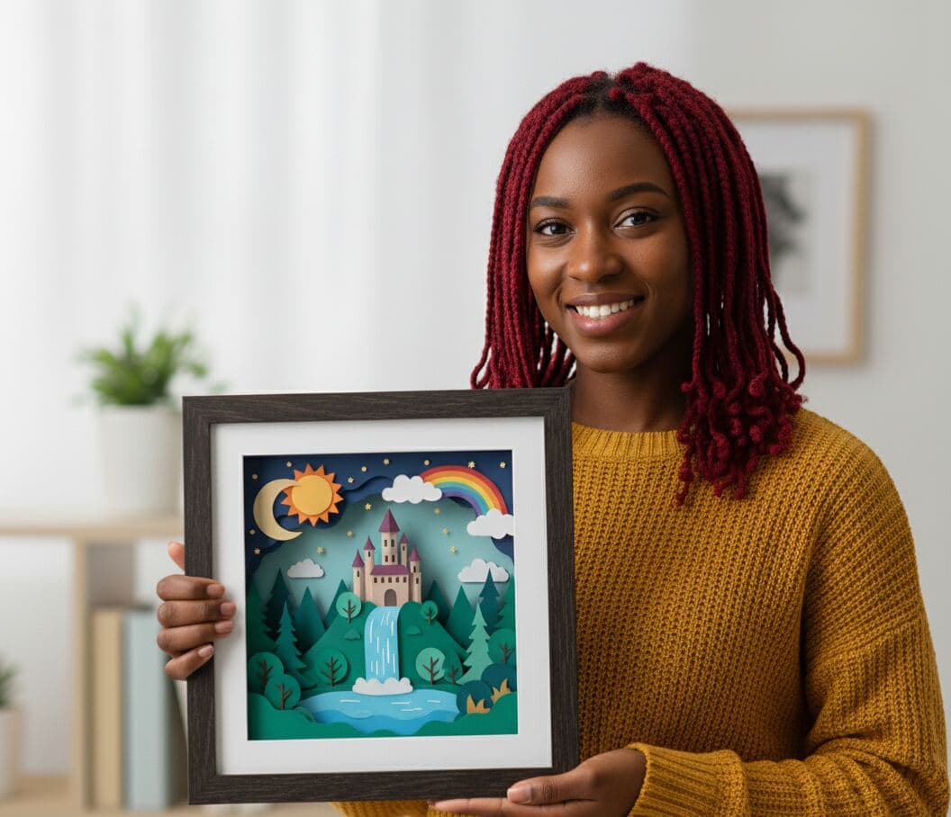 Woman displaying layered paper art fantasy castle with rainbow and waterfall in walnut shadowbox frame