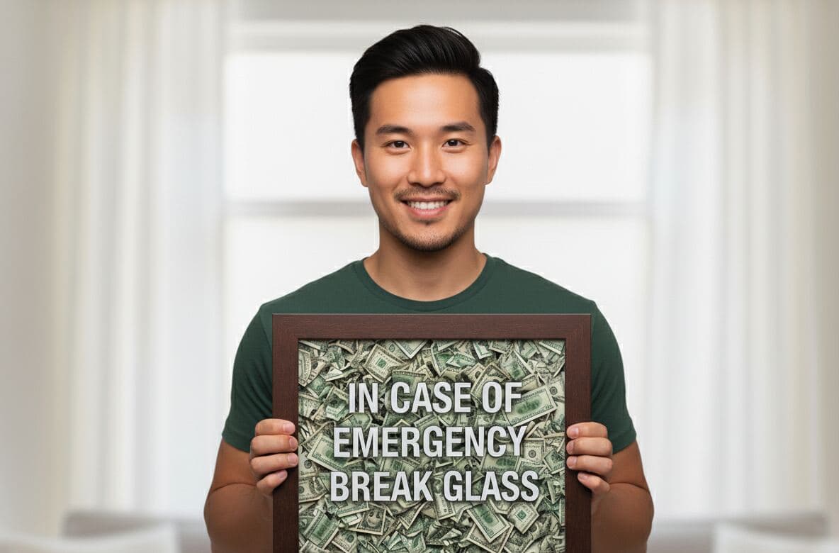 Man displaying In Case of Emergency Break Glass money shadowbox in walnut frame for humorous gift decor