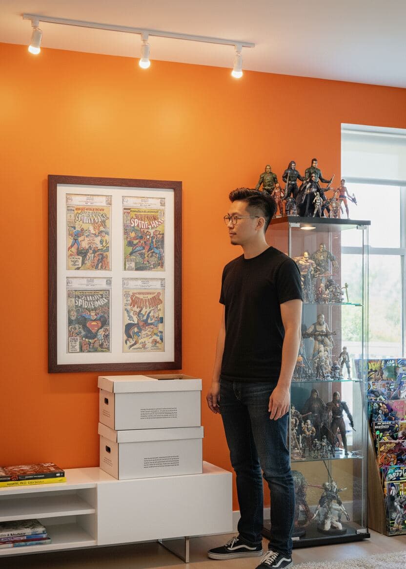 Comic enthusiast admiring vintage Spider-Man comic collection in walnut shadowbox frame on orange wall