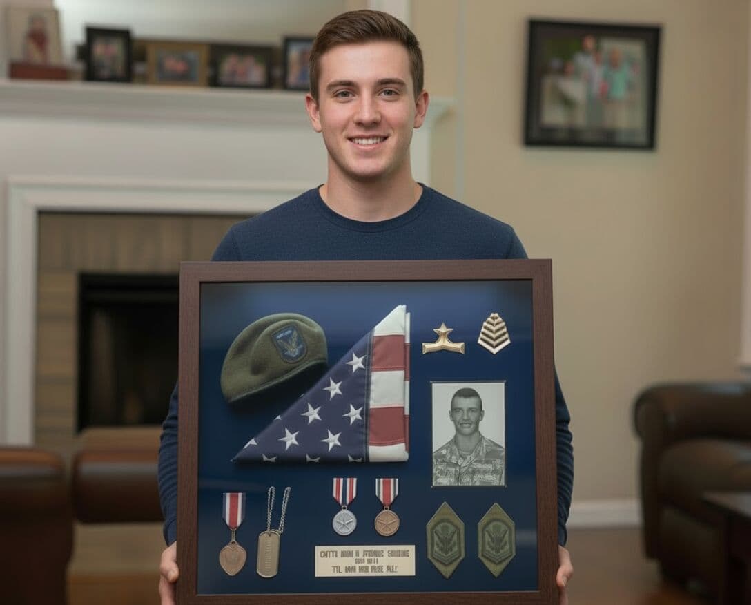 Man holding military service shadowbox with folded flag medals photo and beret in walnut frame tribute