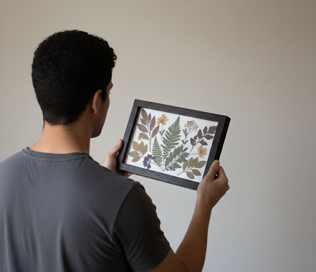 Man viewing pressed botanical leaf fern specimens preserved in walnut shadowbox frame for nature study