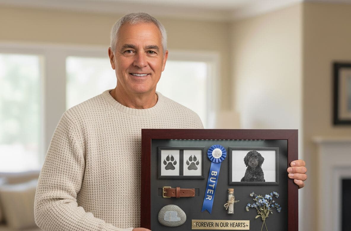 Man holding pet memorial shadowbox with paw prints collar photo and ribbon in walnut frame display