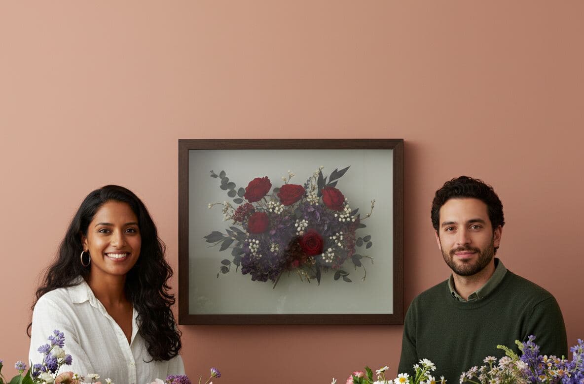 Couple admiring preserved wedding bouquet with roses in walnut shadowbox frame for anniversary keepsake