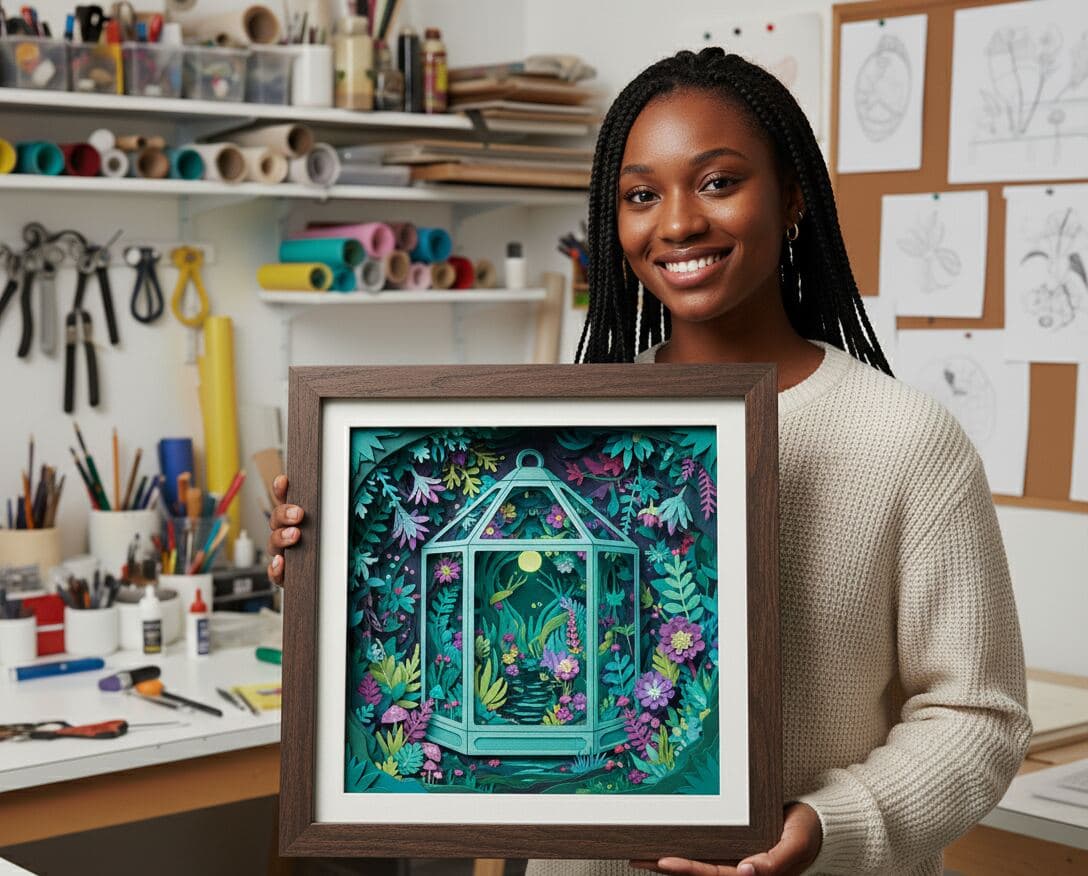 Artist in studio displaying layered paper art greenhouse terrarium scene in walnut shadowbox frame