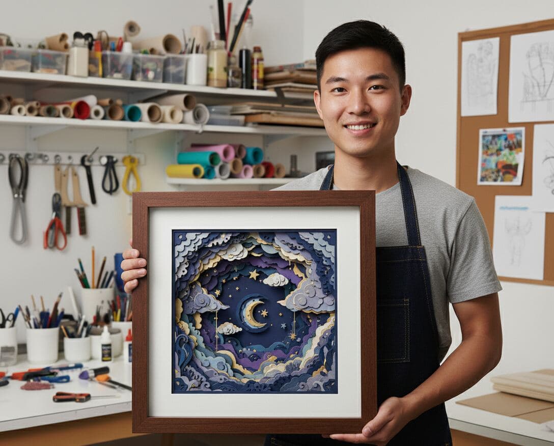 Artist holding layered paper cut celestial moon and stars night sky in walnut shadowbox frame display
