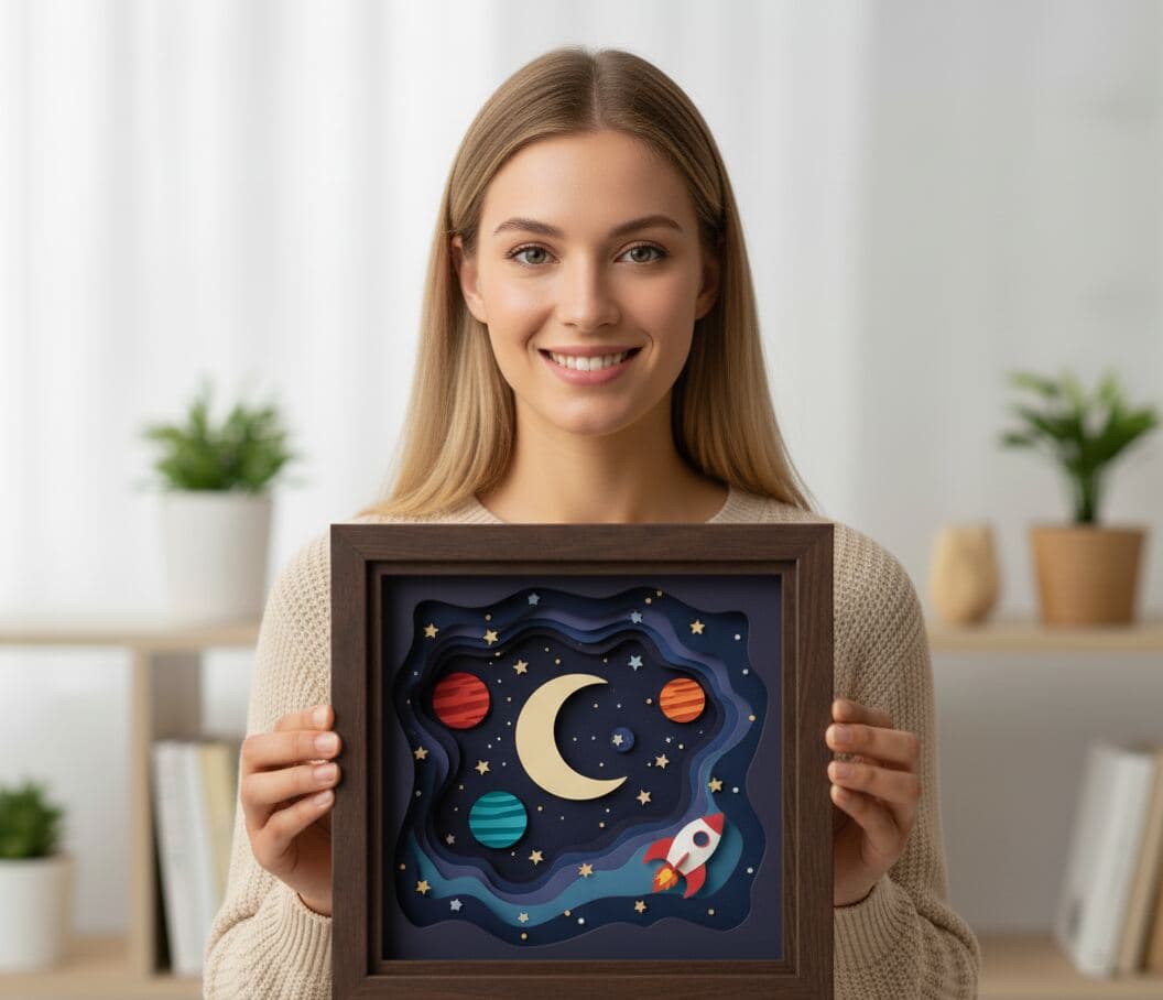 Woman displaying layered paper art space scene with rocket moon planets in walnut shadowbox frame