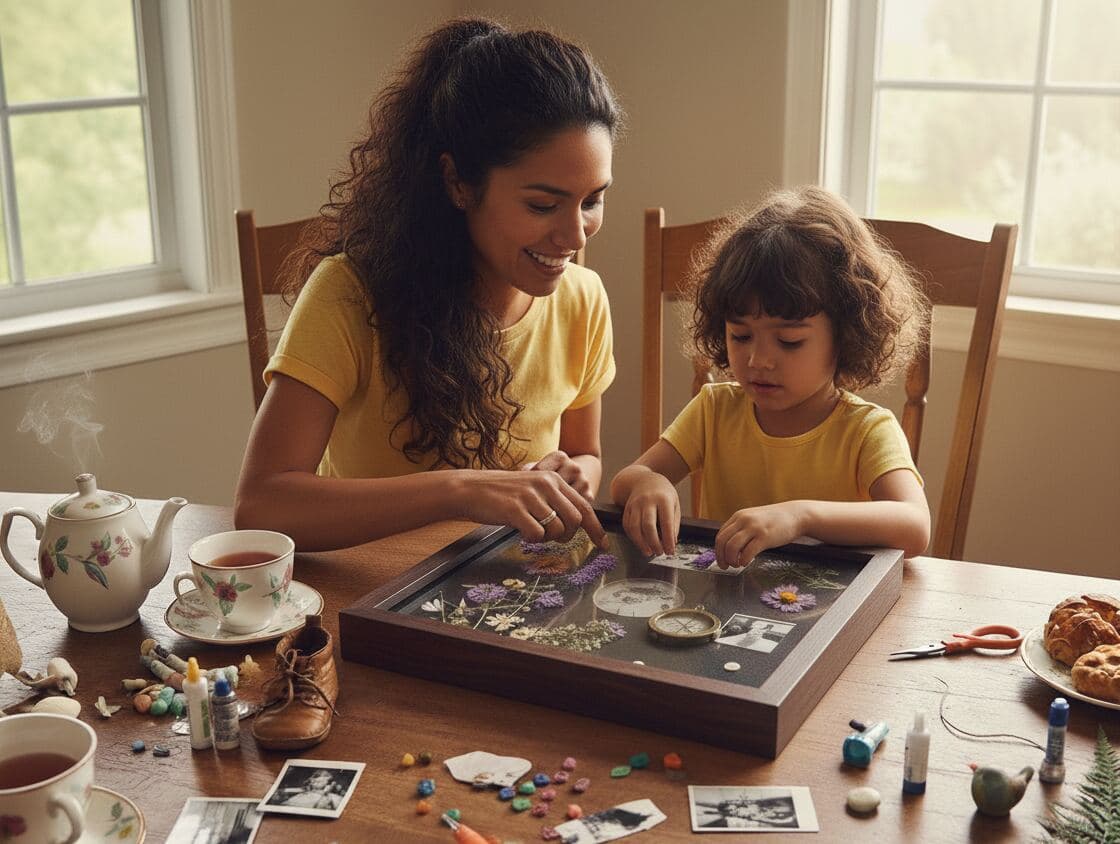 Mother and daughter creating pressed flower shadowbox craft project together at home with walnut frame